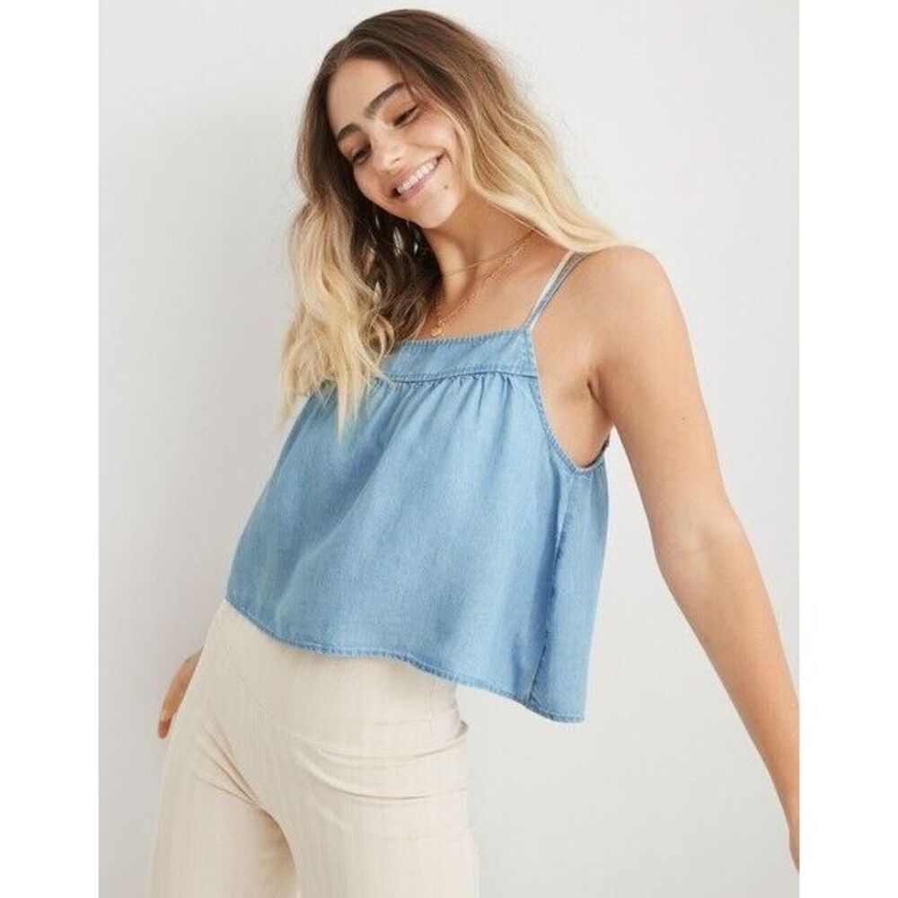 Aerie Woven Chambray Spaghetti Strap Tank Top‎ in Blue Size Medium